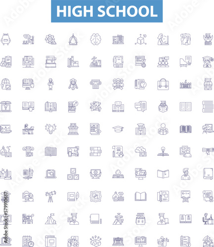 High school line icons, signs set. Education, Academy, School, Learning, Secondary, Diploma, Classroom, Teenagers, Pupils outline vector illustrations.