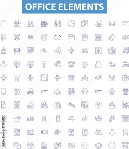 Office elements line icons, signs set. Desk, Chair, Pen, Printer, Monitor, Keyboard, Computer, File, Paper outline vector illustrations.