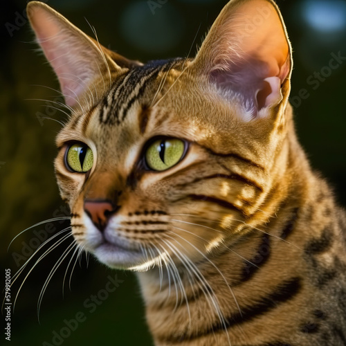 Ravishing hyper realistic portrait of happy ocicat cat in natural outdoor lush with flower in background as concept of modern domestic pet by Generative AI. photo