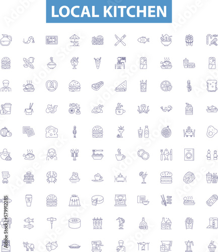 Local kitchen line icons, signs set. Cooking, Kitchen, Cuisine, Dish, Home-Cooking, Recipe, Food, Dining, Homemade outline vector illustrations.