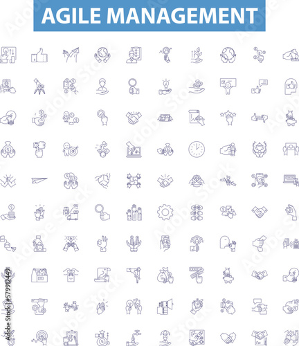 Agile management line icons, signs set. Agile, Management, Scrum, Sprint, Kanban, Planning, Practices, Iterative, Development outline vector illustrations.