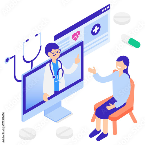 自宅で医師の診察を受けるオンライン診療のアイソメトリックイラスト