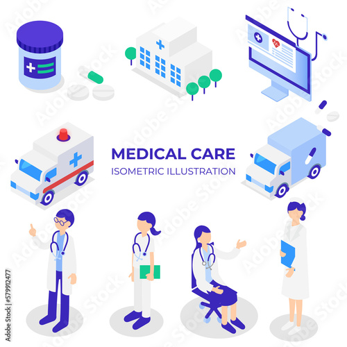 医療系のアイソメトリックイラストセット(医療従事者や救急車など)