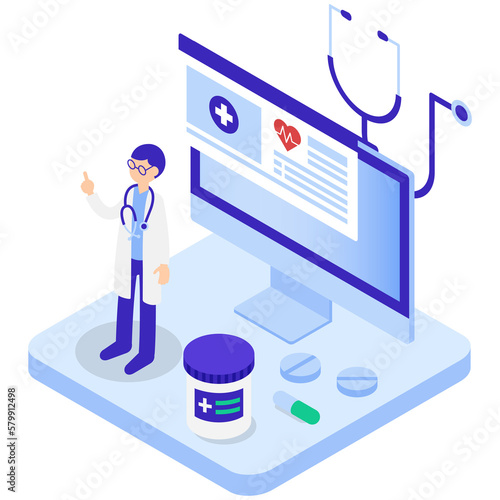 オンライン診療・電子カルテのアイソメトリックイラスト