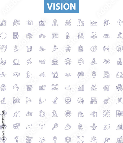 Vision line icons, signs set. Perception, Gaze, Imagination, Outlook, Sight, Prospect, Observation, Discernment, Awareness outline vector illustrations.