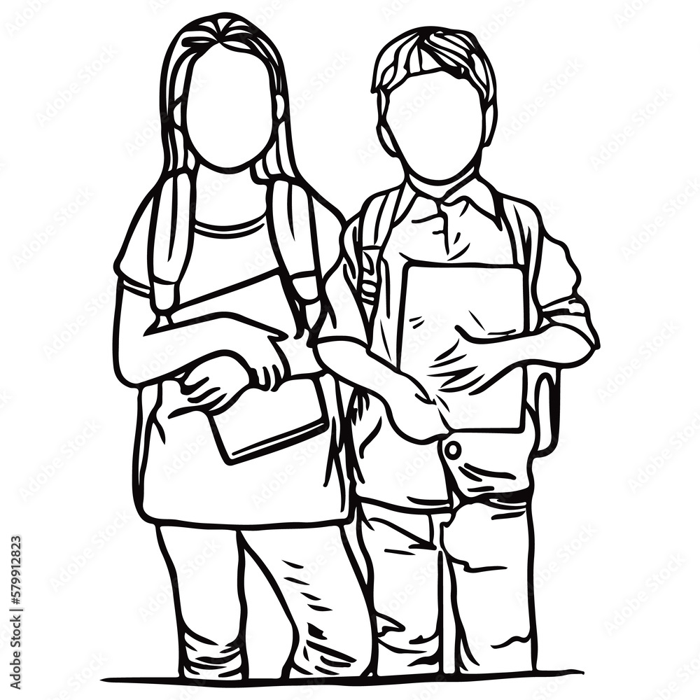 Children with the backpack, Back to school concept line art.