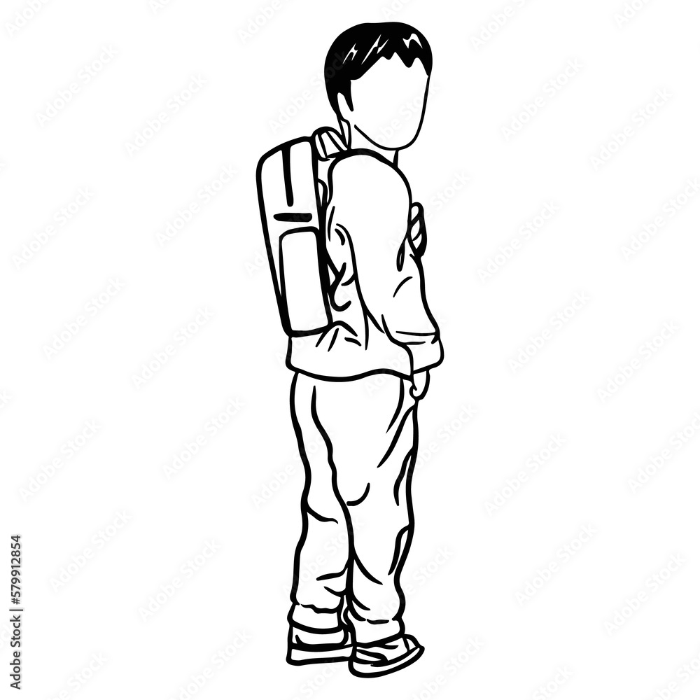 Young boy with backpack, Back to school concept line art.