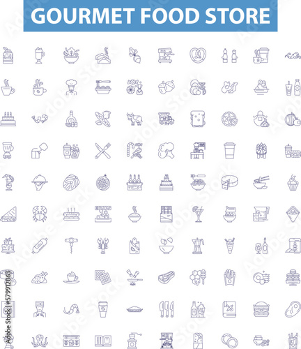 Gourmet food store line icons, signs set. Gourmet, Food, Store, Delicacies, Groceries, Cuisine, Specialty, Gourmand, Exotic outline vector illustrations.