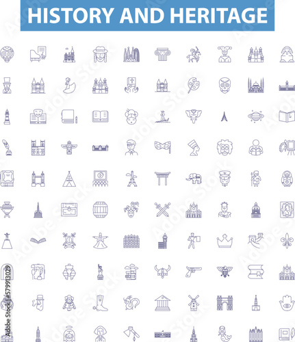 History and heritage line icons, signs set. Heritage, History, Culture, Ancestry, Tradition, Legacy, Memory, Ancestors, Time outline vector illustrations.
