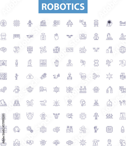 Robotics line icons, signs set. Robotics, Automation, Artificial, Intelligence, Machines, Coding, Algorithms, Control, Motor outline vector illustrations.