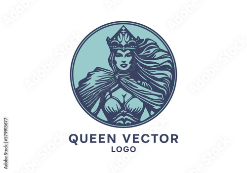 Vector round logo. Portrait of a queen in a crown with flowing hair. Monochrome sticker on a white background. Emblem or icon.