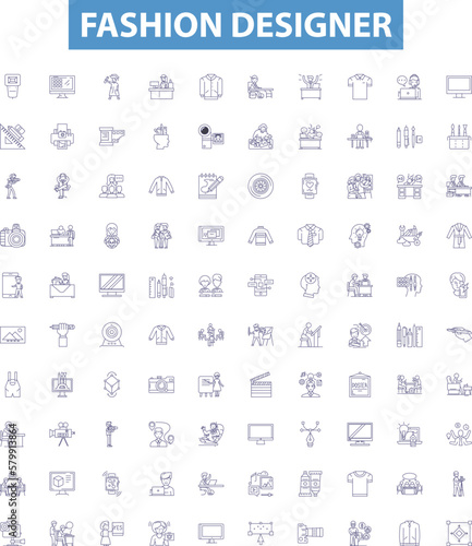 Fashion designer line icons, signs set. Designer, Couturier, Clothes, Garment, Outfit, Runway, Apparel, Needlework, Catwalk outline vector illustrations.