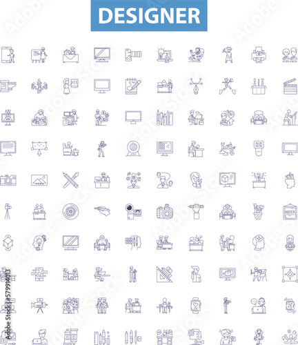 Designer line icons, signs set. Designer, Fashion, Architecture, Interior, Art, Creative, Costume, Graphic, Workshop outline vector illustrations.