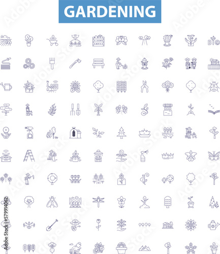 Gardening line icons, signs set. Planting, Watering, Pruning, Weeding, Soil, Mulching, Cultivating, Composting, Sod outline vector illustrations.