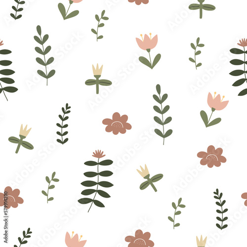 Seamless pattern with flowers and plants. Vector illustration isolated on white background. Fashionable print for textiles and wallpapers.