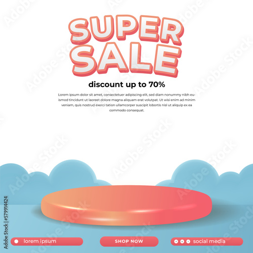 super sale promo discount offer for social media banner with cute 3d cylinder podium stage display with blue cloud decoration