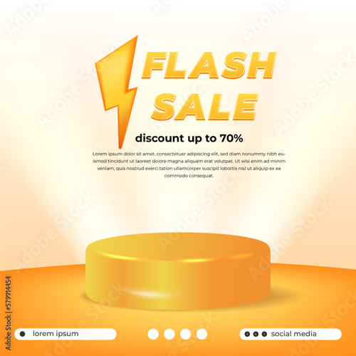 flash sale offer banner with 3d thunder bolt and podium stage product display for social media marketing discount promotion