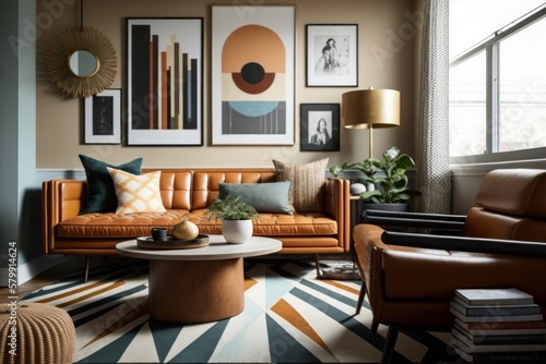 Modern living room with tan leather sofa as digital illustration (Generative AI) © senadesign