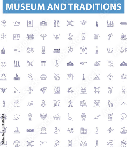 Museum and traditions line icons, signs set. museum, traditions, history, culture, heritage, artifact, exhibit, collection, curation outline vector illustrations.
