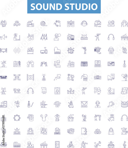 Sound studio line icons, signs set. Recording, Mixing, Music, Soundstage, Microphone, Producer, Audio, Broadcast, Mastering outline vector illustrations.