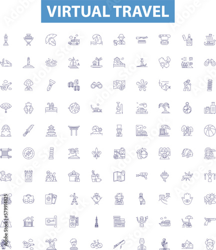 Virtual travel line icons, signs set. Virtual, Travel, Tour, Explore, Journey, Fly, Sightseeing, Experience, View outline vector illustrations.