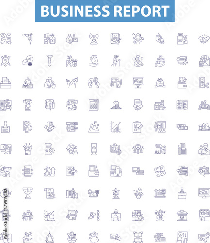 Business report line icons, signs set. Business, Report, Analysis, Data, Findings, Results, Evaluation, Summary, Conclusions outline vector illustrations.