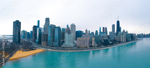 Aerial wide panoramic view of the city of Chicago, Illinois. USA on an overcast day.  April, 2023. © Joshua 