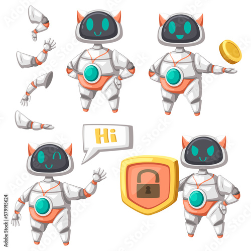 Set of android character robot cartoon style futuristic machine for industrial use.