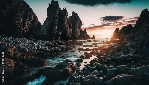 A rocky coastline at dawn unsplash grand canyon state Generative AI