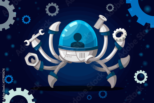 Set of android character robot cartoon style futuristic machine for industrial use.