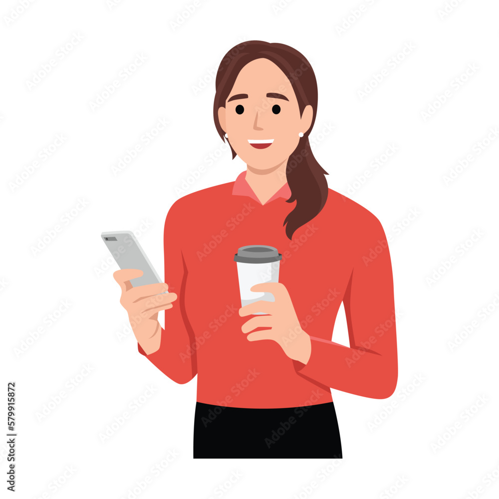 Business woman holding smartphone and takeaway coffee. Communication concept. Communication concept Business woman holding smartphone and takeaway coffee. Communication concept. Communication concept