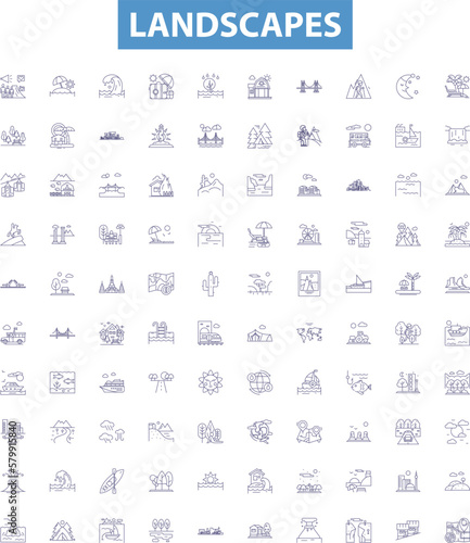Landscapes line icons, signs set. Vista, Scenery, Terrain, Skyline, Meadow, Outdoors, Nature, Panorama, Horizon outline vector illustrations.