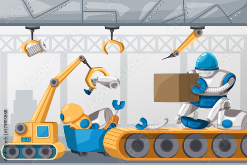 Set of android character robot cartoon style futuristic machine for industrial use.