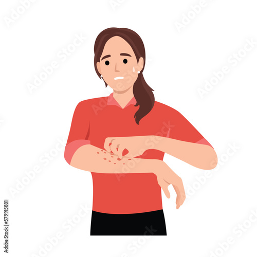 Unhappy suffering woman scratching the skin on her hand. Various skin problems, such as allergies, psoriasis, itching, atopic dermatitis, eczema, dryness, redness. Virus disease and eczema concept