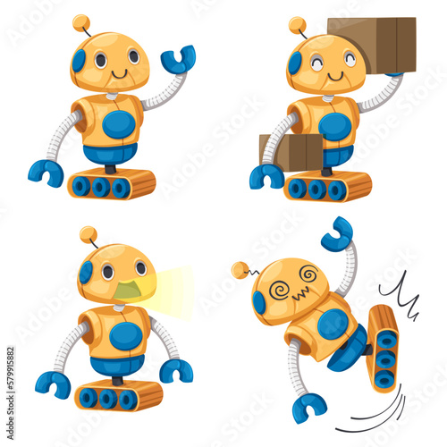 Set of android character robot cartoon style futuristic machine for industrial use.