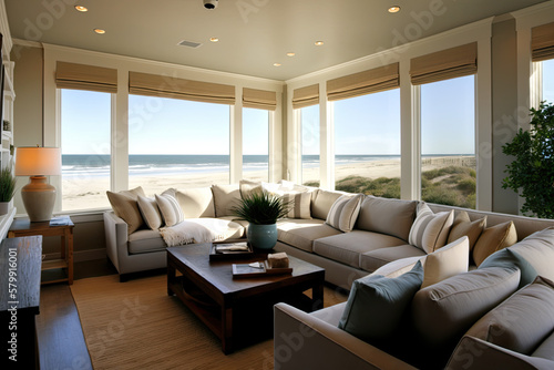luxury ocean beach house apartment suite lounge living room, generative AI © Kien