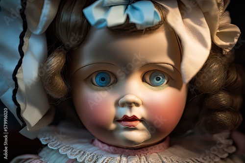 Antique Doll Blue Eyes: Retro Toys Porcelain Closeup. Photo generative AI