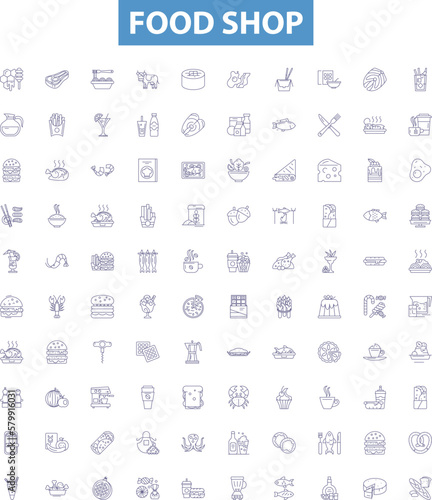 Food shop line icons, signs set. Takeaway, Delicatessen, Pantry, Grocery, Bistro, Restaurant, Diner, Eatery, Cafe outline vector illustrations. photo