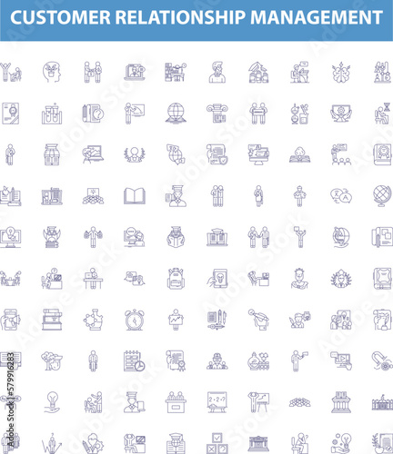 Customer relationship management line icons, signs set. CRM, Customers, Relationships, Management, Interactions, Communication, Marketing, Database, Loyalty outline vector illustrations.