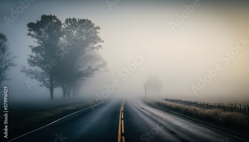 The mystery of a foggy morning unsplash road in fog Generative AI