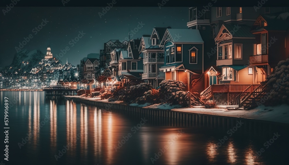 Fototapeta premium A seaside town at night unsplash night view of the town Generative AI