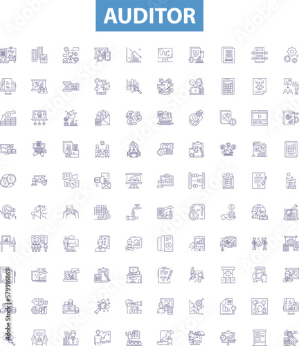 Auditor line icons, signs set. Auditor, Assessor, Examiner, Inspector, Analyzer, Reviewer, Checker, Evaluator, Verifier outline vector illustrations.