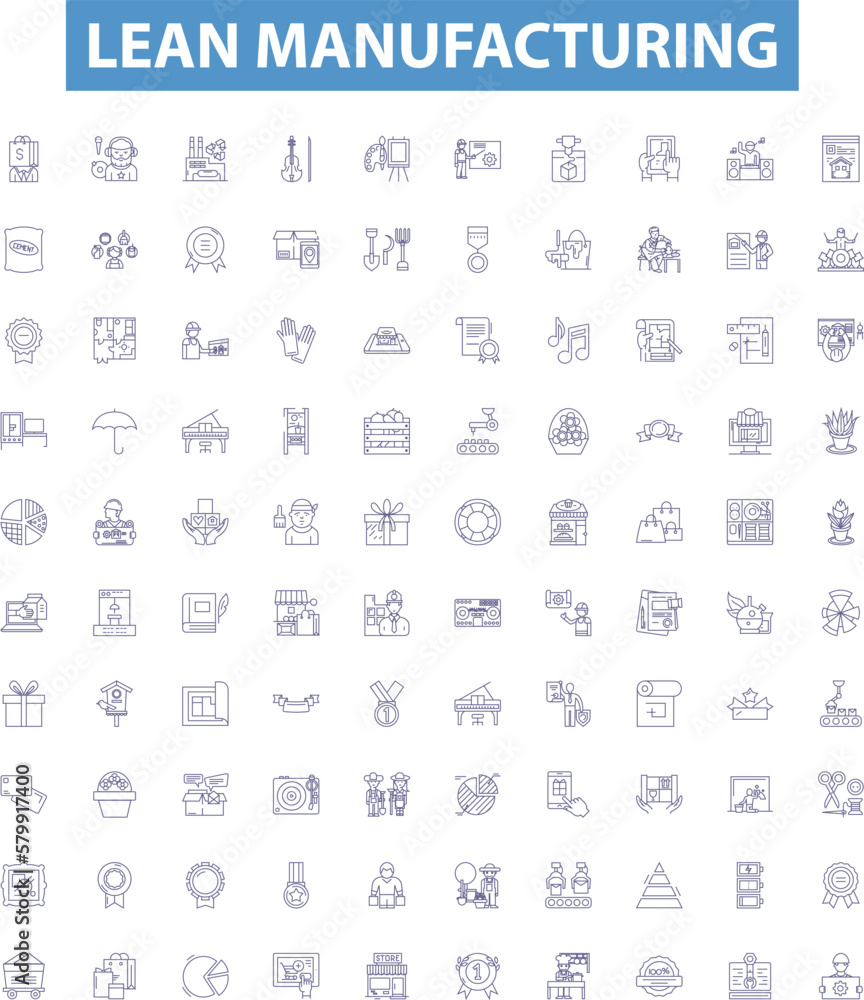 Lean manufacturing line icons, signs set. Six Sigma, Lean, Kaizen, JIT, TPS, Kanban, 5S, Visual Management, Heijunka outline vector illustrations.