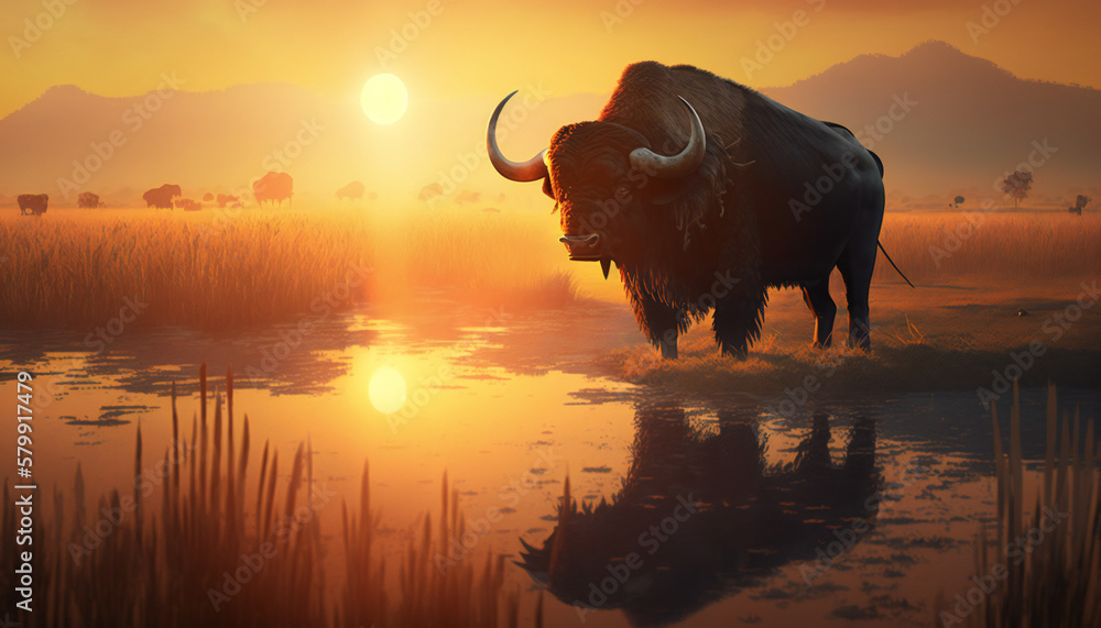 buffalo at sunset