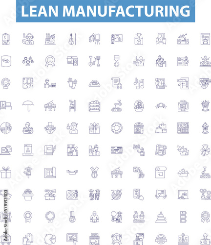 Lean manufacturing line icons, signs set. Six Sigma, Lean, Kaizen, JIT, TPS, Kanban, 5S, Visual Management, Heijunka outline vector illustrations. photo