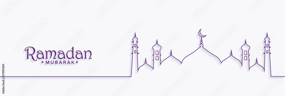 Naklejka premium Greetings of Holy Month Ramadan Kareem with Outline Mosque Illustration, Ramadan Greeting Card Banner Design for Website Ads, Promotion and Advertisement