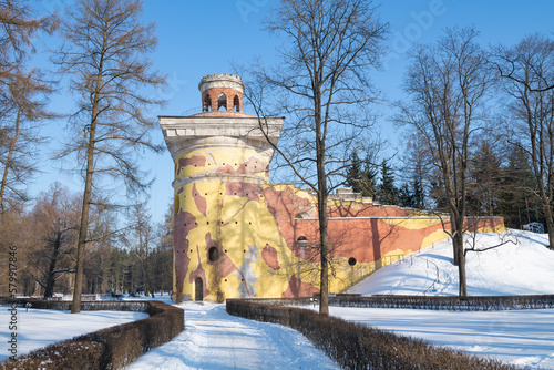 Ancient pavilion "Tower-Ruin" (1773) on a February afternoon. Catherine Park in Tsarskoye Selo. Suburbs of St. Petersburg, Russia