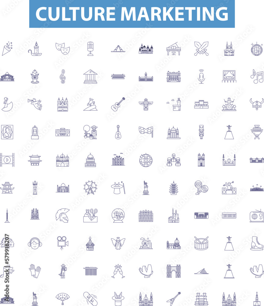 Culture marketing line icons, signs set. Cultural, Marketing, Advertising, Strategies, Targeting, Branding, Promotions, Audiences, Communication outline vector illustrations.