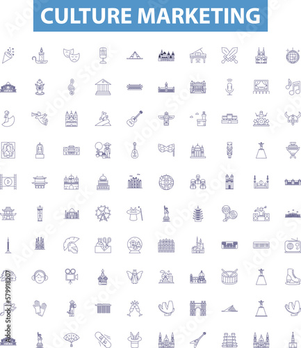 Obraz na płótnie Culture marketing line icons, signs set. Cultural, Marketing, Advertising, Strategies, Targeting, Branding, Promotions, Audiences, Communication outline vector illustrations. w salonie
