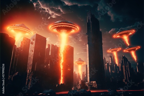 Fototapeta Alien UFO army attacks a city, alien invasion in 8K created with generative ai t